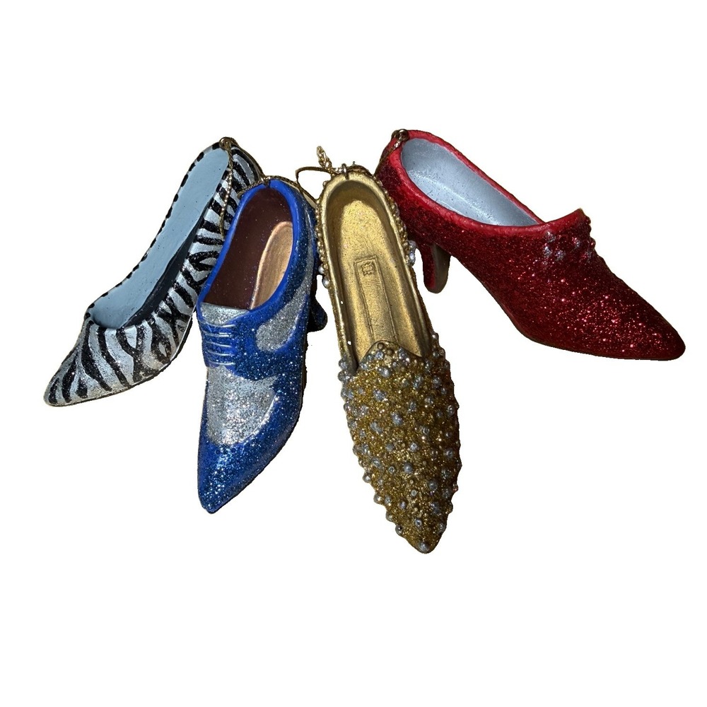 Vintage High Heel Shoe Christmas Ornaments Set 4 Glitter Jeweled Zebra Glam